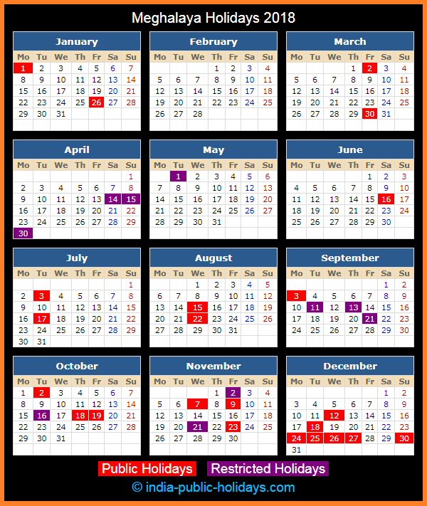 Meghalaya Holiday Calendar 2018